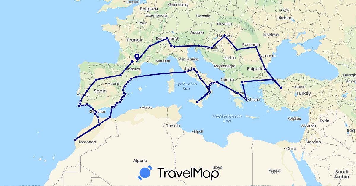 TravelMap itinerary: driving in Bulgaria, Switzerland, Spain, France, Greece, Croatia, Hungary, Italy, Morocco, Portugal, Romania, Slovenia, Turkey (Africa, Asia, Europe)